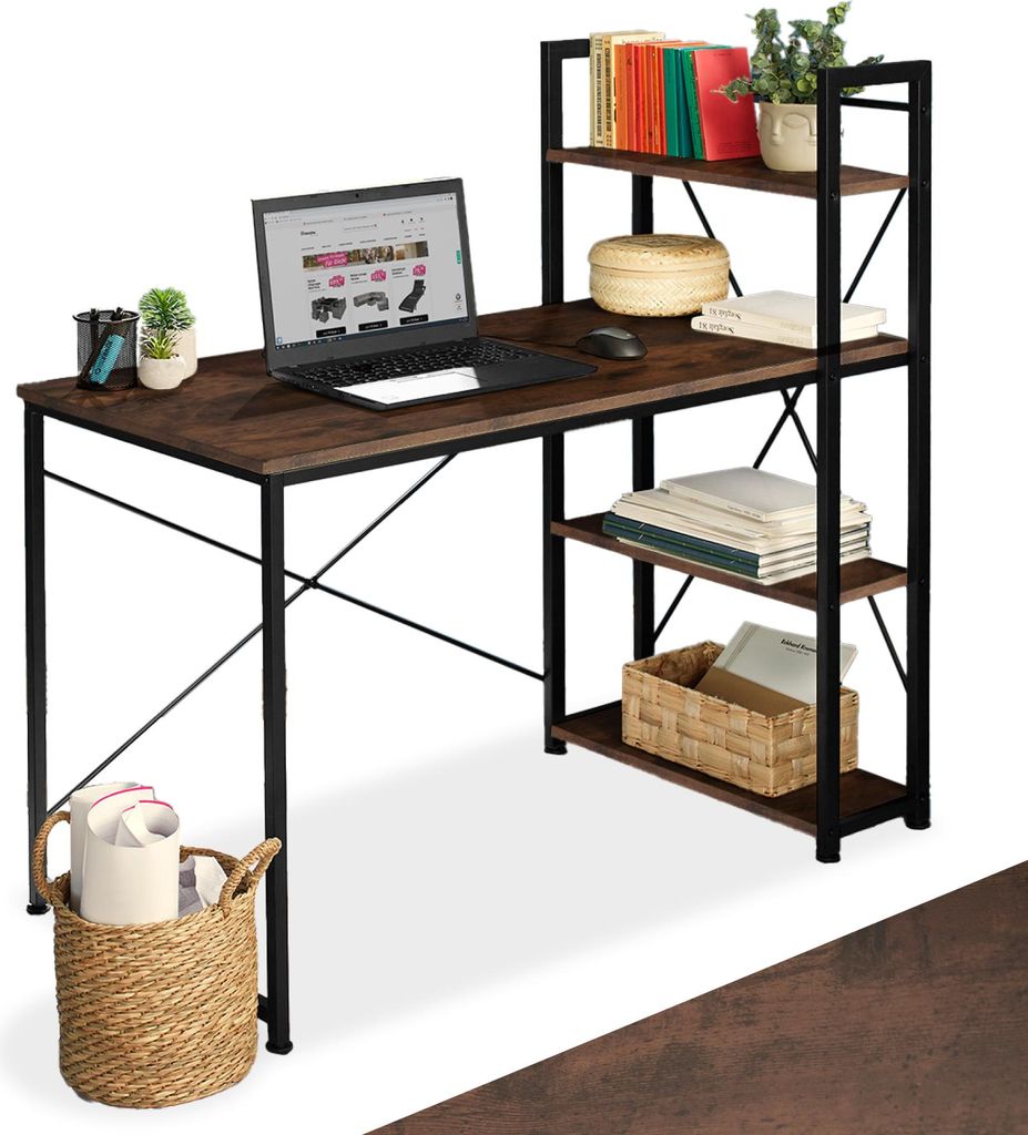 A computer desk with a bookshelf attached, set against a white background.