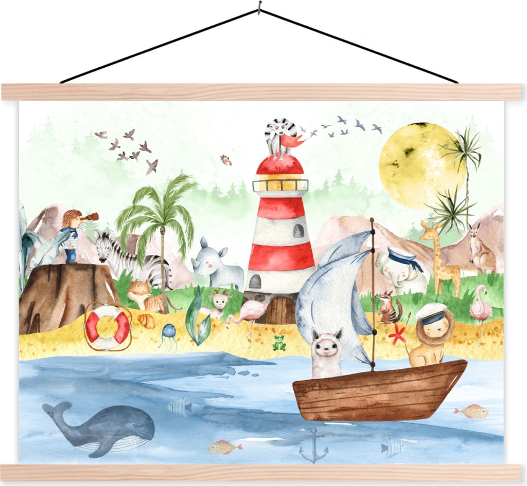 MuchoWow Textilposter Strand - Tiere - Kinder - Leuchtturm - Jungen 40x30 cm mit holzfarbenen Rahmen - Bilder