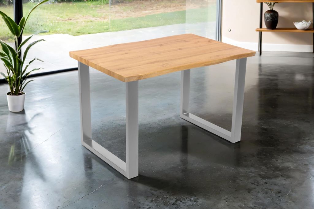 Esstisch Josy | 140 x 80 cm | Holz Wildeiche-Optik | U-Gestell Metall Silber | 40 mm Tischplatte mit Baumkante | Tisch für Esszimmer & Küche