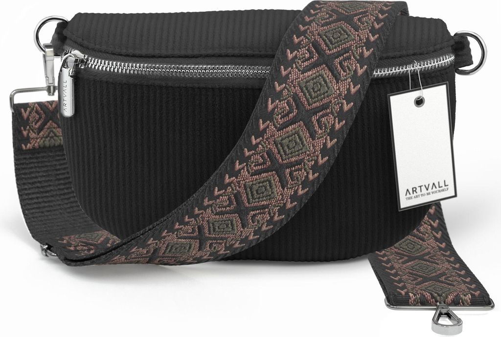 ARTVALL - Umhängetasche aus Cord, Klein mit verstellbarem Schultergurt, abnehmbares Taschenband, Crossbody Bag in Schwarz