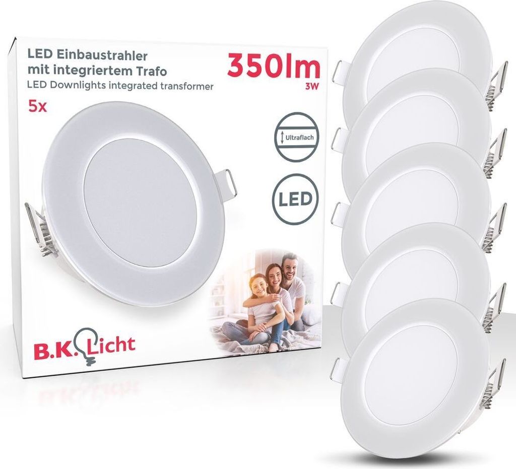 5er Set LED Bad Einbaustrahler - flach, 230V, 5x 3W, IP65, neutralweiß, 86 mm, weiß