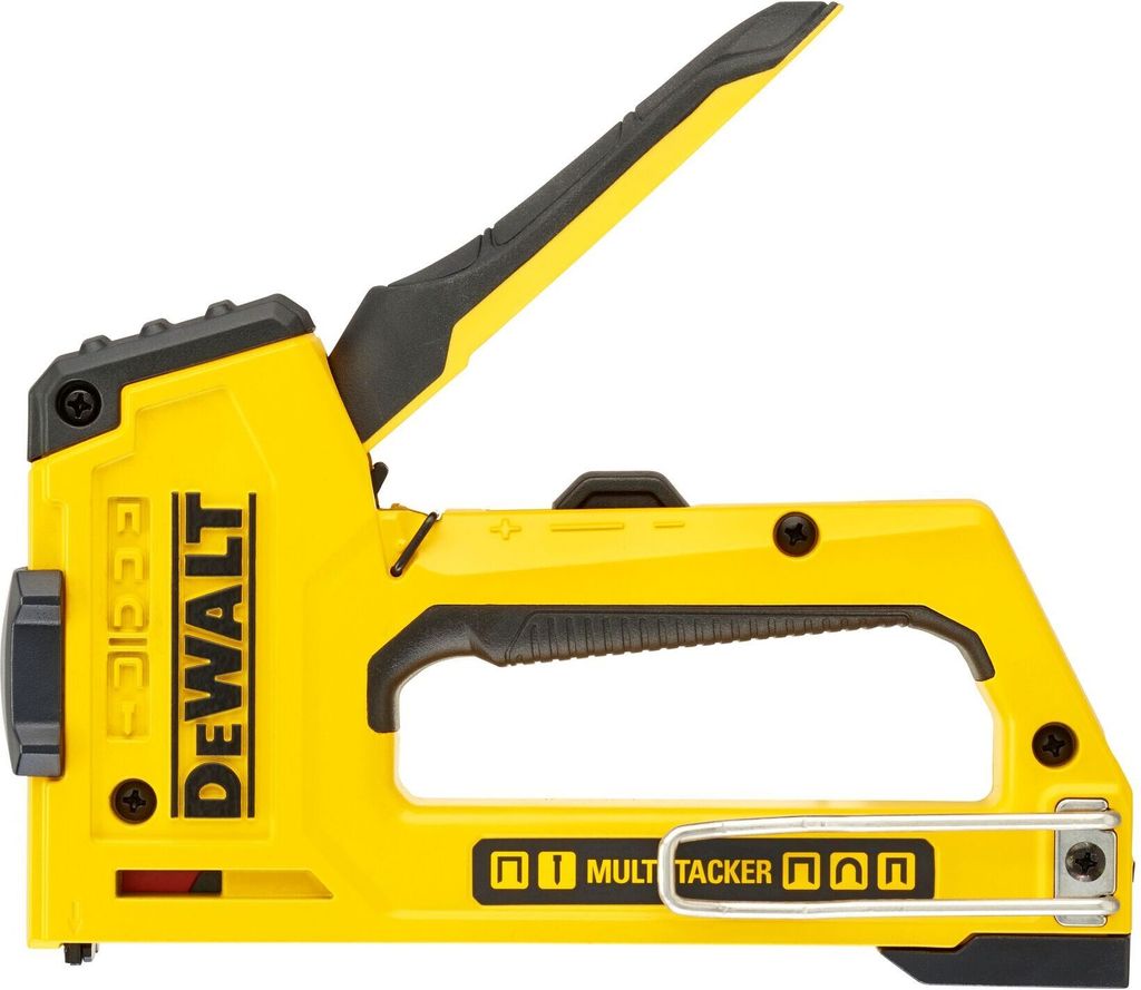 A yellow and black Dewalt multitacker stapler is shown against a white background.