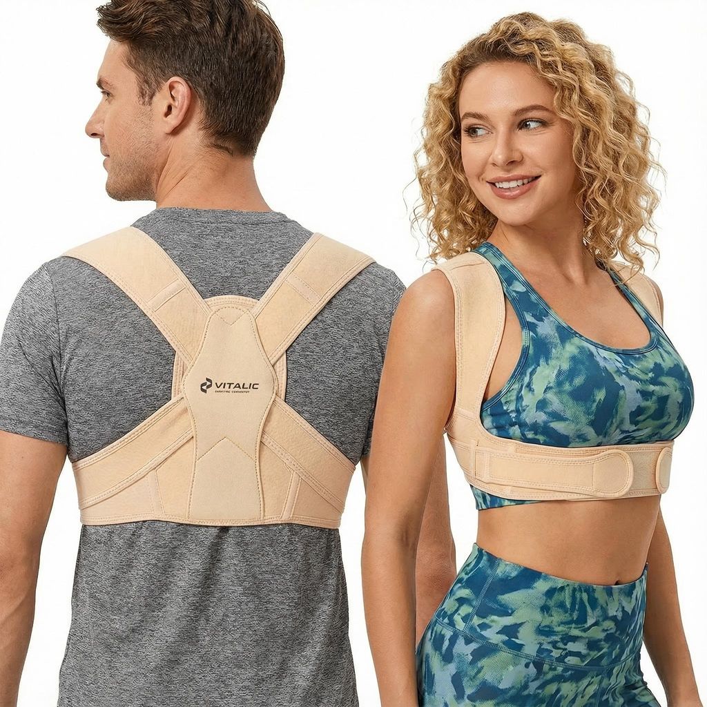 A man and a woman are shown from the back and side respectively, both wearing beige posture correctors.
