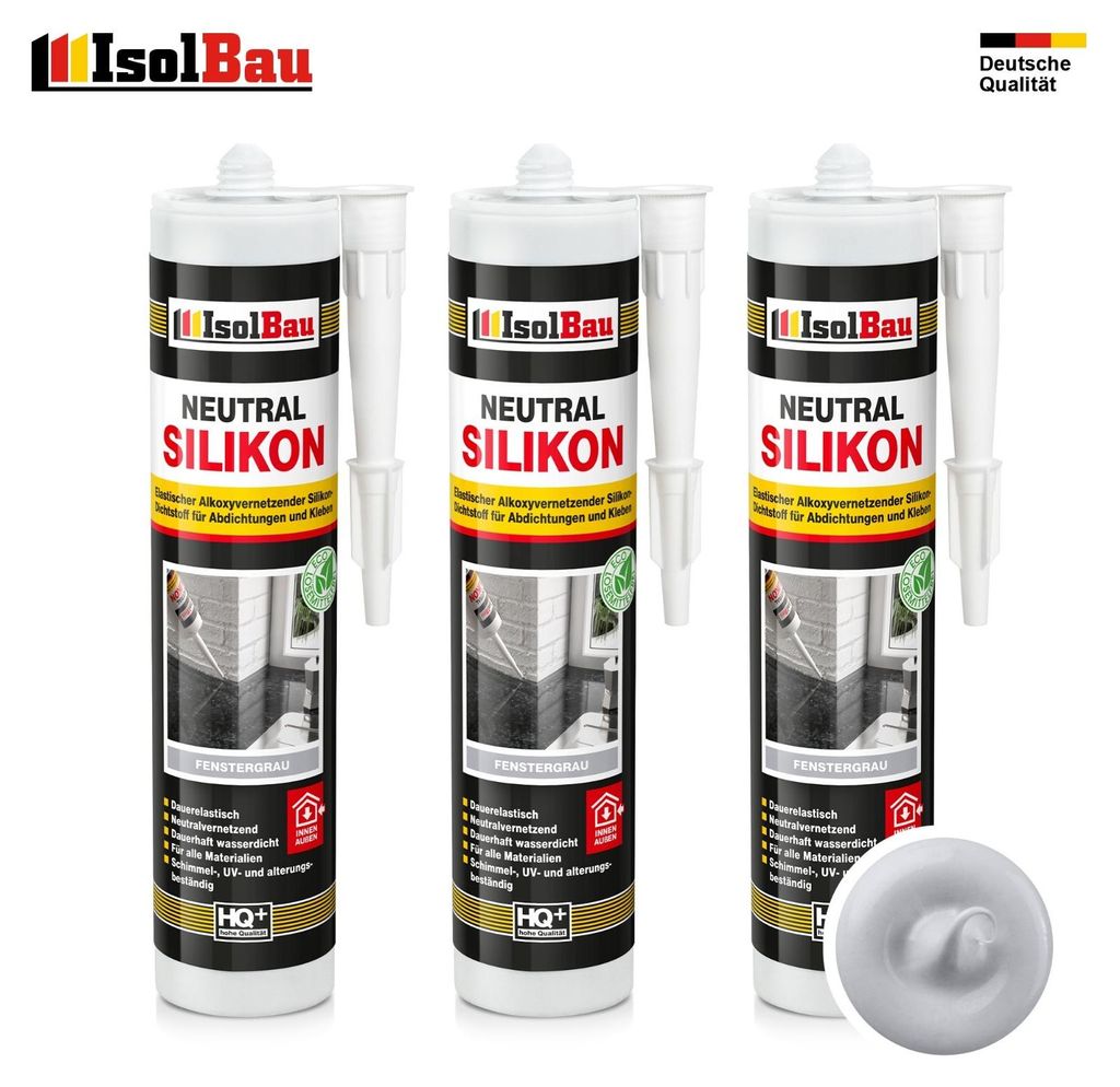 Isolbau Neutralsilikon 3 x 300 ml Fenstergrau Natursteinsilikon Dichtstoff Fugen