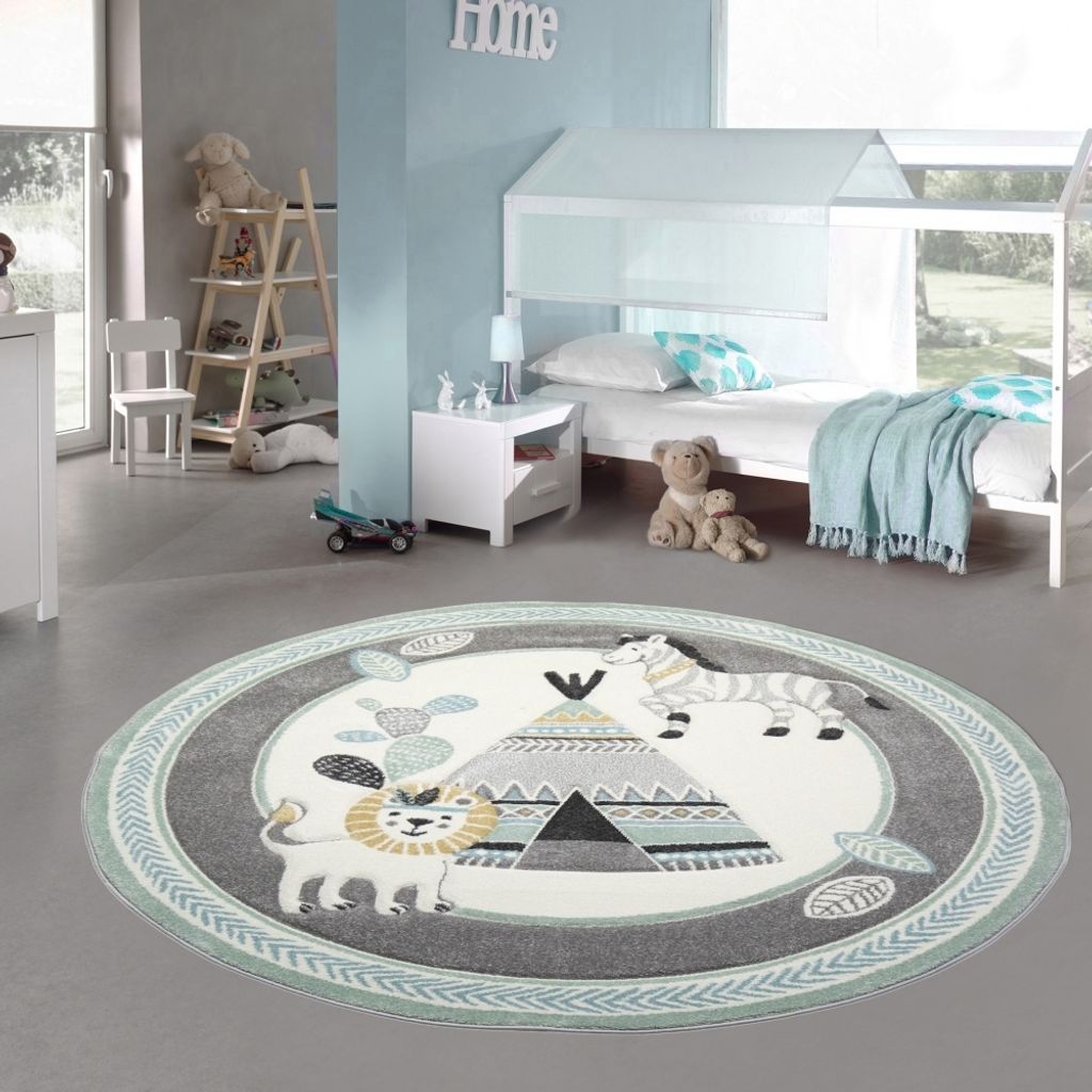 Kinderzimmer Teppich Spielteppich Indianer Zelt Löwe Zebra Kaktus grau creme gelb Größe - 120 cm Rund