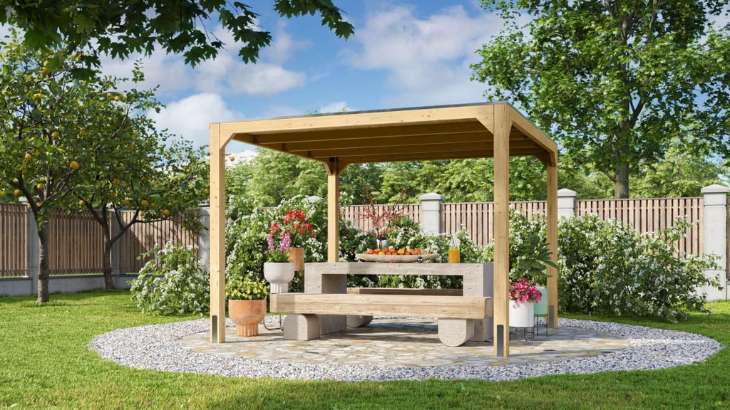 Leimholz Pavillon Holz Gartenpavillon Gartenlaube Cubus Pavillon naturbelassen 320x320x239 cm