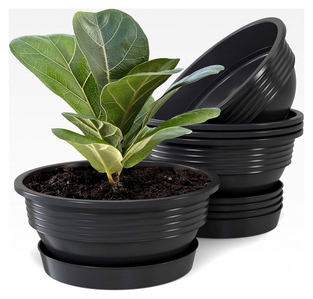 Pflanzschalen mit Untersetzern im 5er Set in Anthrazit, 40 cm Durchmesser, große runde Blumenschalen aus Kunststoff für Garten, Terrasse und Wohn...