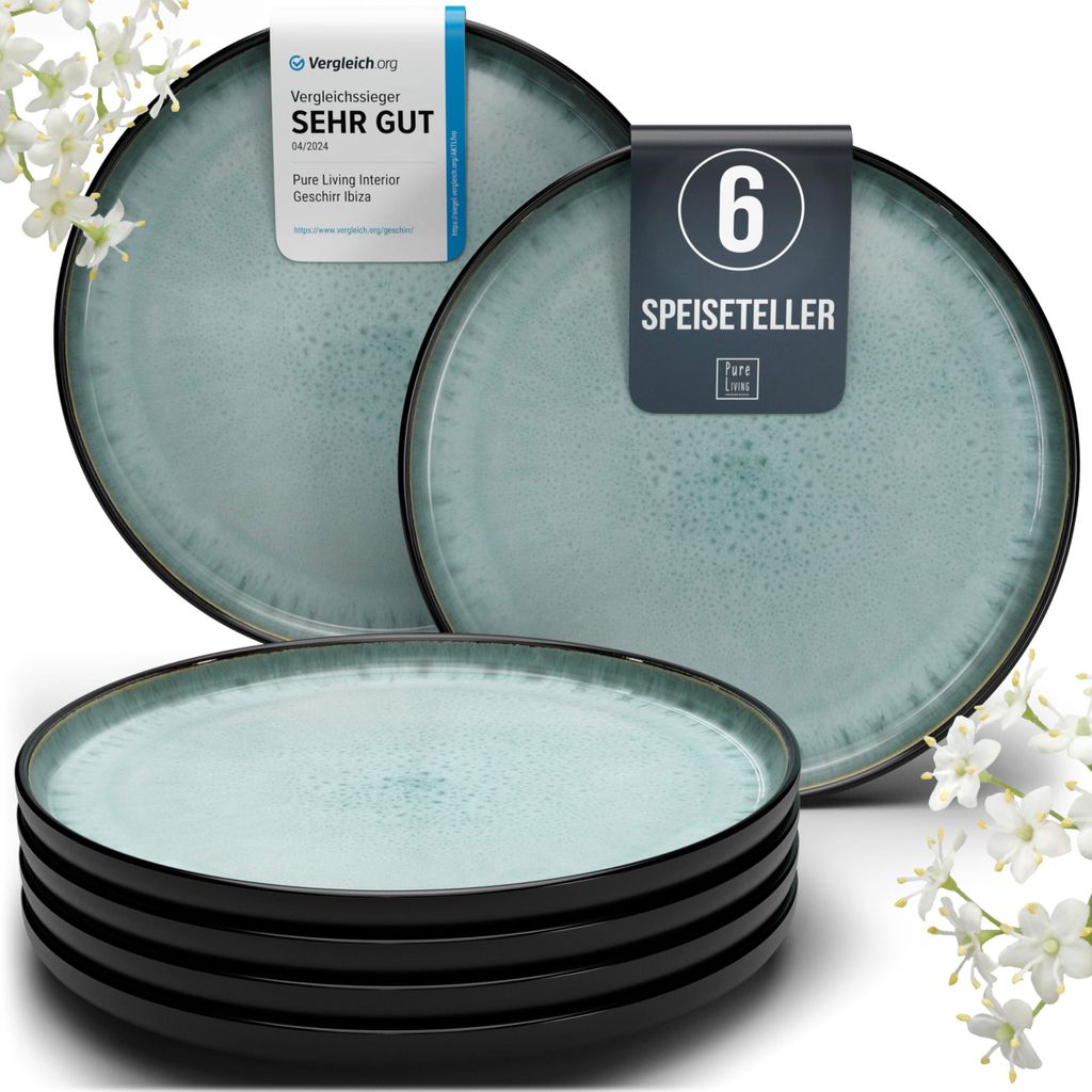 Steingut Teller groß 6 Pers. Ibiza Hochwertiges Mediterranes Speiseteller Set - Spülmaschinen-, Mikrowellen- und Kratzfest - Stylisches Teller Set