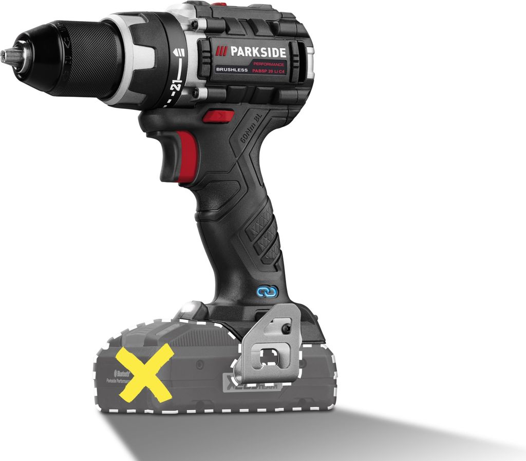 A cordless drill is shown against a white background.