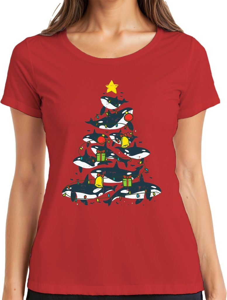 Orca Weihnachtsbaum Killerwal Lichterkette Geschenke Glocken Damen T-Shirt, Rot, L