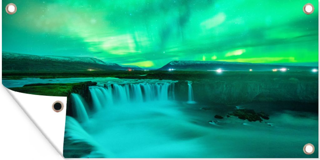 MuchoWow 160x80 cm Outdoor-Poster Gartendeko Sichtschutz Garten Poster für den Garten Wasserfall - Island - Nordlichter