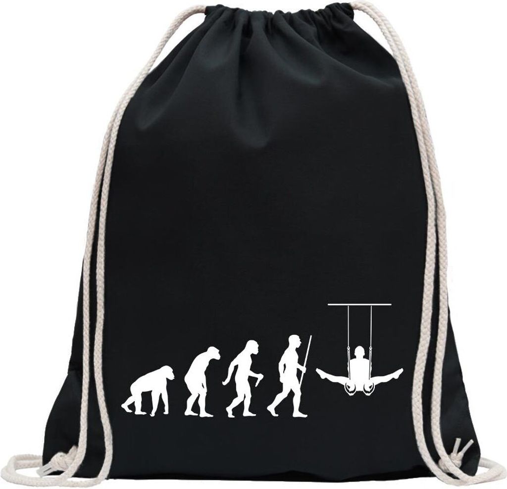 Kiwistar - Turnbeutel - schwarz - Turnen Ringe Evolution - Fun Rucksack Sport Beutel Gymsack Baumwolle mit Ziehgurt