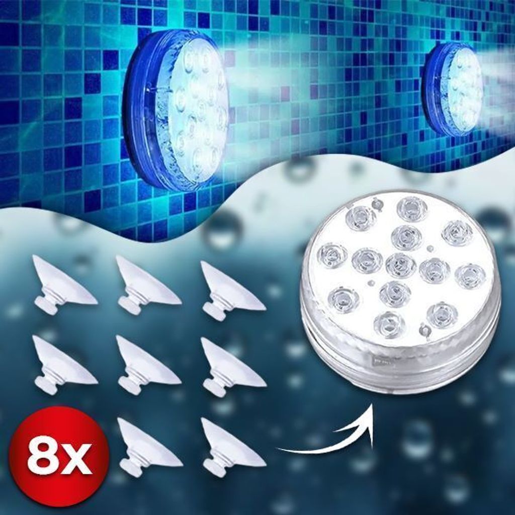A collage of underwater pool lights and suction cups, with a tiled pool wall background.