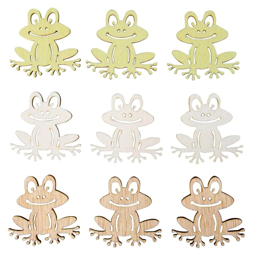 Holz-Streuteile Frosch, 9 Stück, mit Klebepunkt, 4 x 4 cm, 3 Farben sortiert