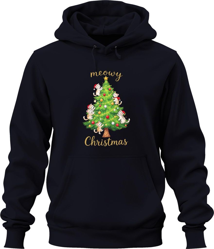 meowy Christmas Katzen Weihnachtsbaum niedlich Katzenliebhaber Uni Hoodie Kapuzenpullover, Navy, S