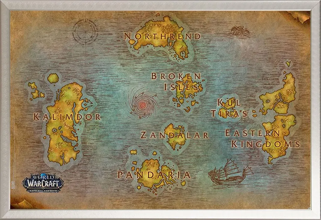 Poster World of Warcraft Carte Azeroth avec Cadre Shinsuke Argenté