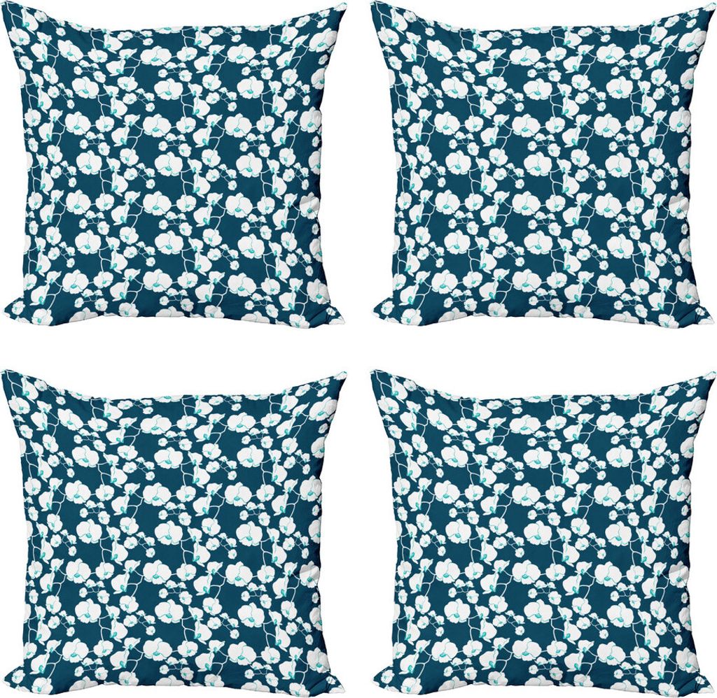 ABAKUHAUS Blume Kissenbezug Set (4 Stück), Zarte Blumenniederlassung, Moderner Doppelseitiger Digitaldruck, 50 cm x 50 cm, Petrol Blau Weiß Teal