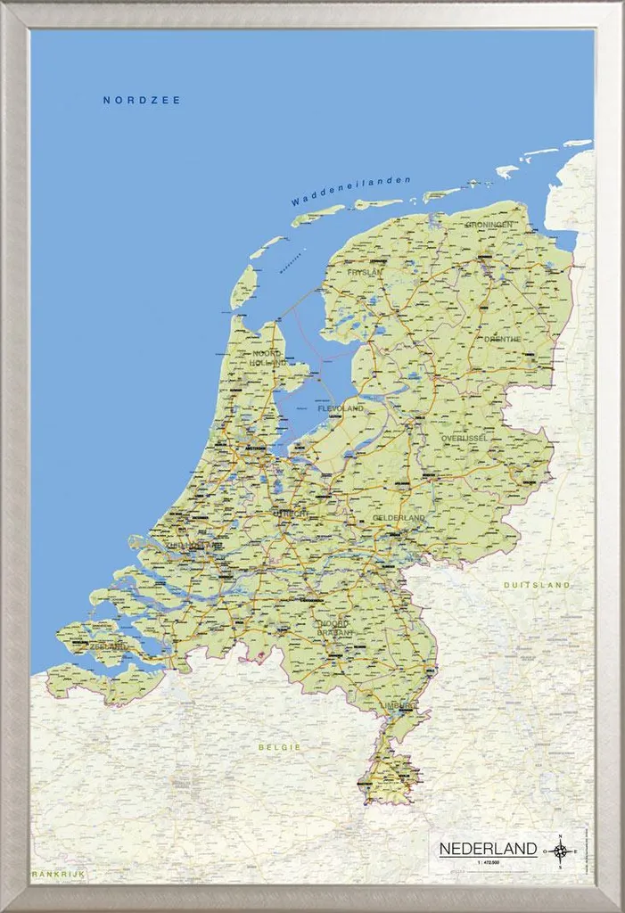 Mappa Paesi Bassi Poster Olandese + Cornice Shinsuke Alluminio Argento