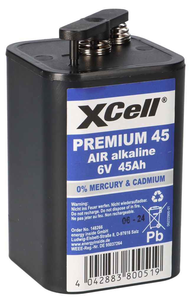 A black 6V 45Ah XCell Premium 45 block battery with a blue label.