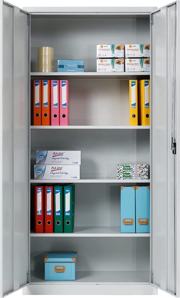 Aktenschrank,fertig montiert,195x92,5x42cm,Stahlflügeltürschrank, Abschließbarer Spind,Aktenschrank mit 5 Fächern,Universalschrank, grau