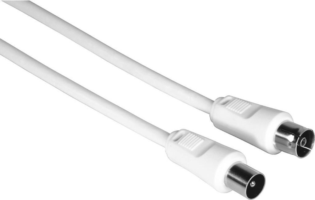 A white coaxial cable with two connectors on a white background.