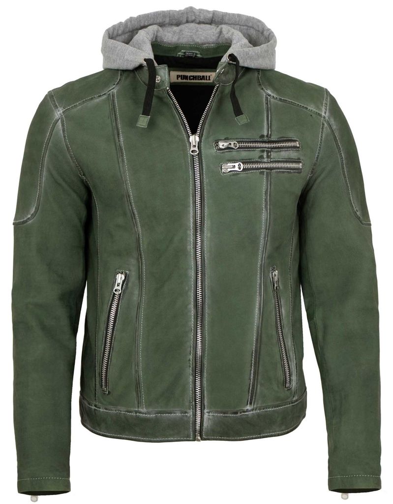Punchball - Herren Lederjacke Kapuze Lammnubuk grün antik : 62