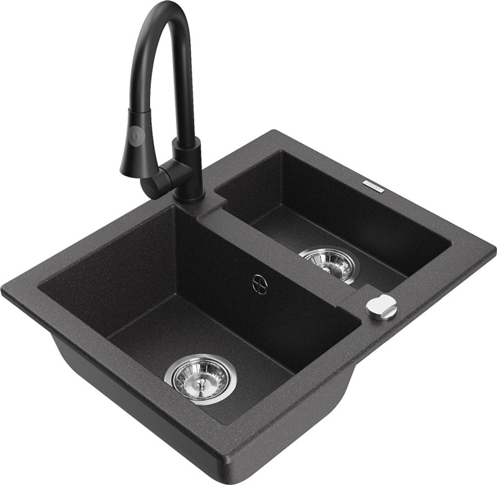 Mexen Carlos 1,5-Becken-Granitspüle mit Mischbatterie Elia, Schwarz gesprenkelt - 6518-76-670101-70