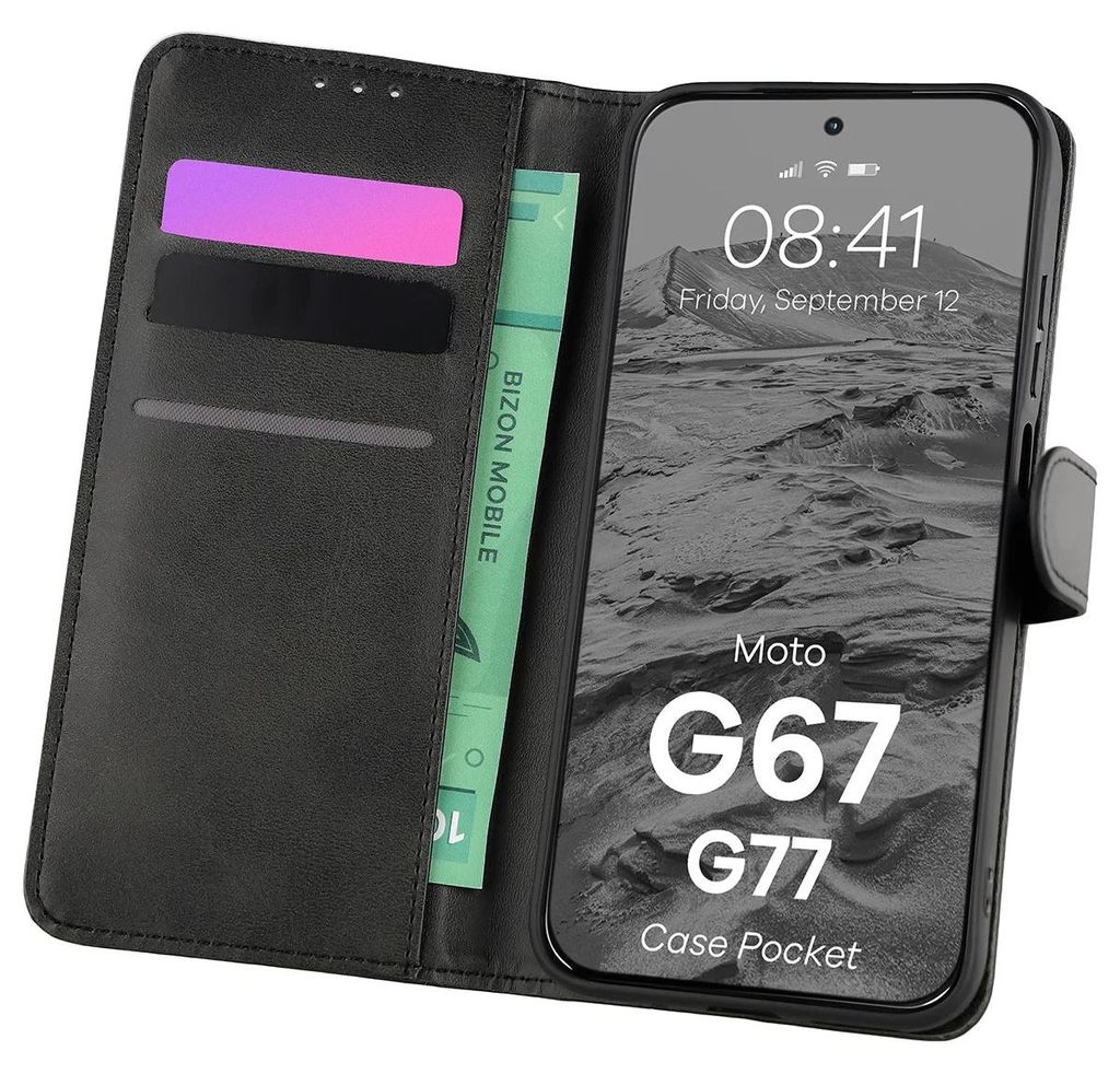 Handyhülle mit Klappe für Motorola Moto G67 5G / G77 5G, Bizon Case Pocket, Schwarz