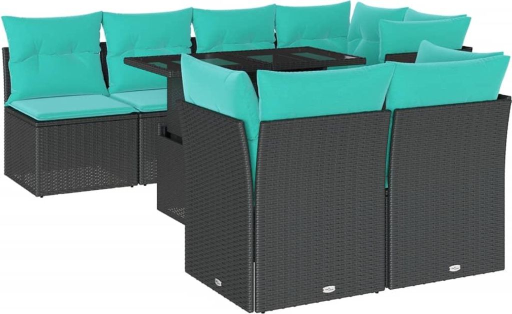 8-teiliges Gartensofa-Set mit Kissen, schwarzes Polyrattan