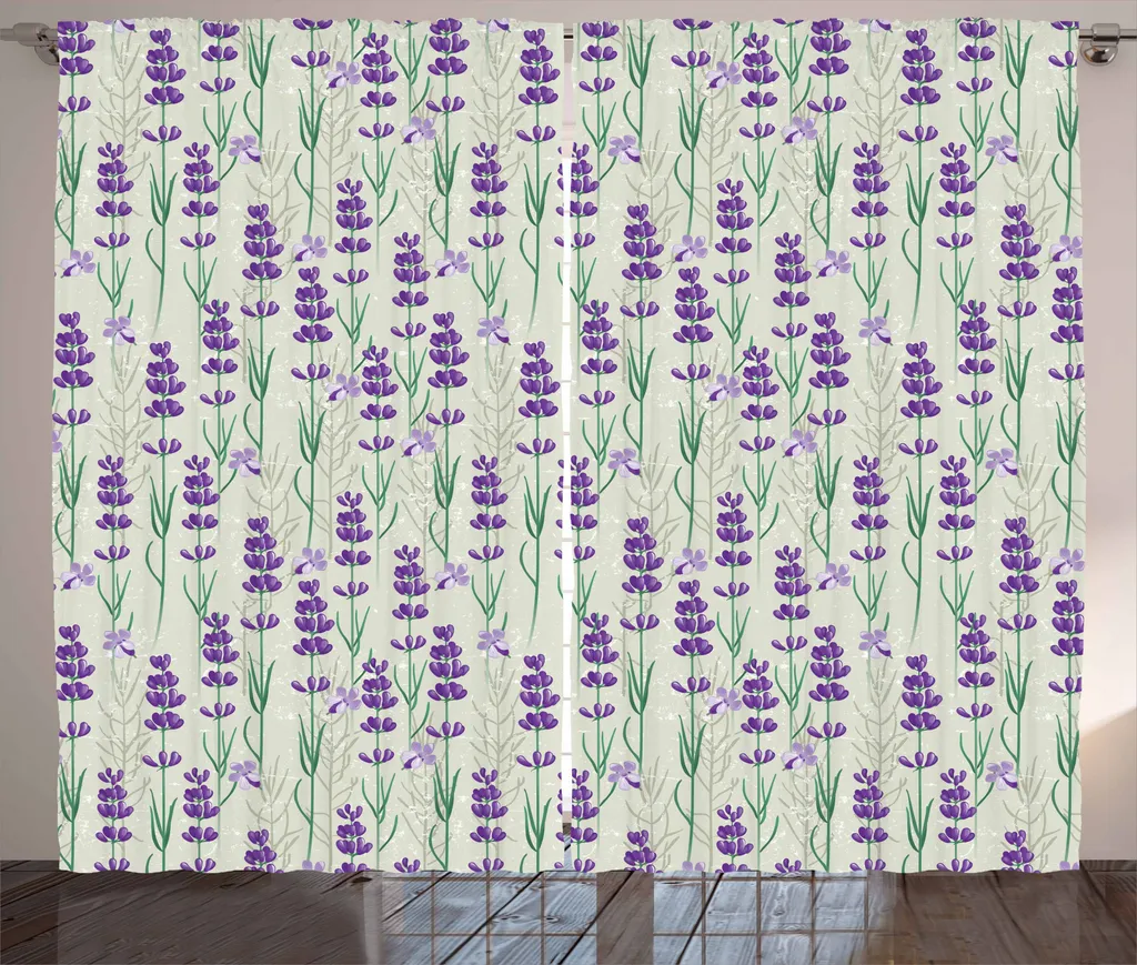 ABAKUHAUS Tenda rustica alla lavanda, erbe fresche botaniche, tenda con nastro arricciato per camera da letto con passanti e ganci, 280 x 175 cm, verde salvia chiaro viola