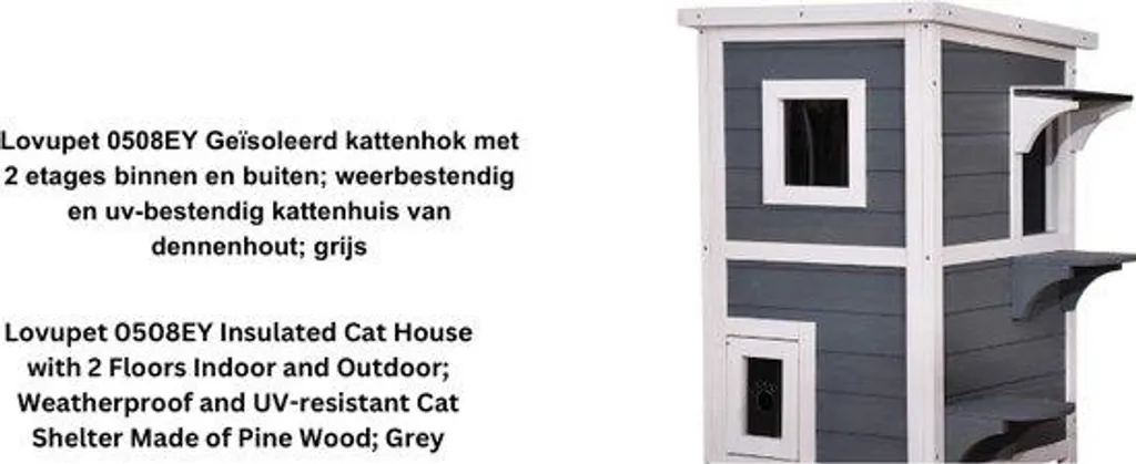 Maison chat bois isolée anti-UV 2 étages avec toit imperméable gris