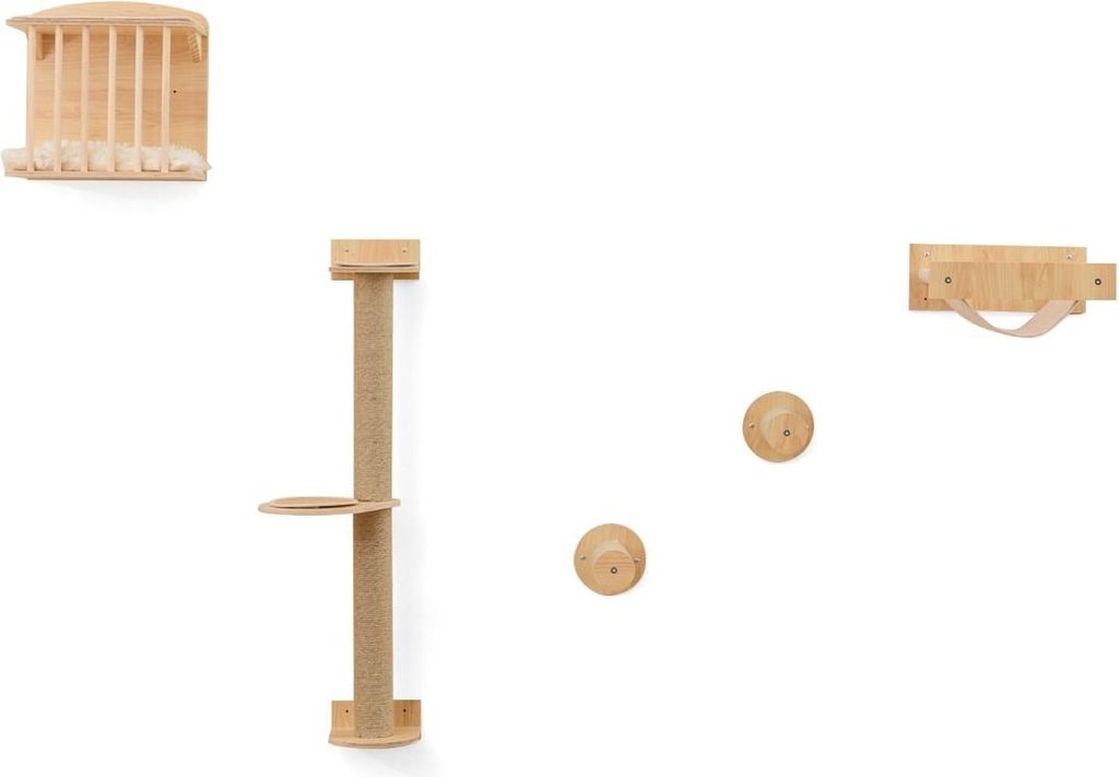 Wandmontiertes Katzenkletterset mit Hängematte und Kratzstämmen