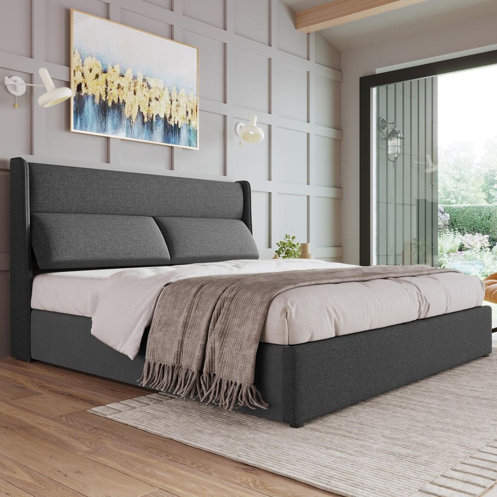 Flieks Polsterbett 180x200cm mit Lattenrost, Boxspringbett mit Verstellbarem Kopfteil, Doppelbett mit Stauraum, Jugendbett Stauraumbett, Leinen, Grau