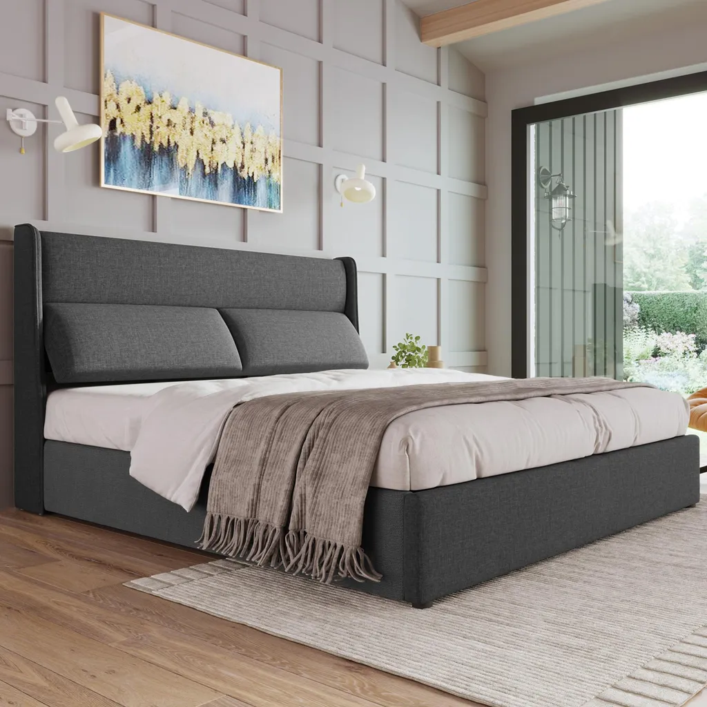 Lit 140x200 cm pour chambre d'ado ou adulte avec rangement en lin gris