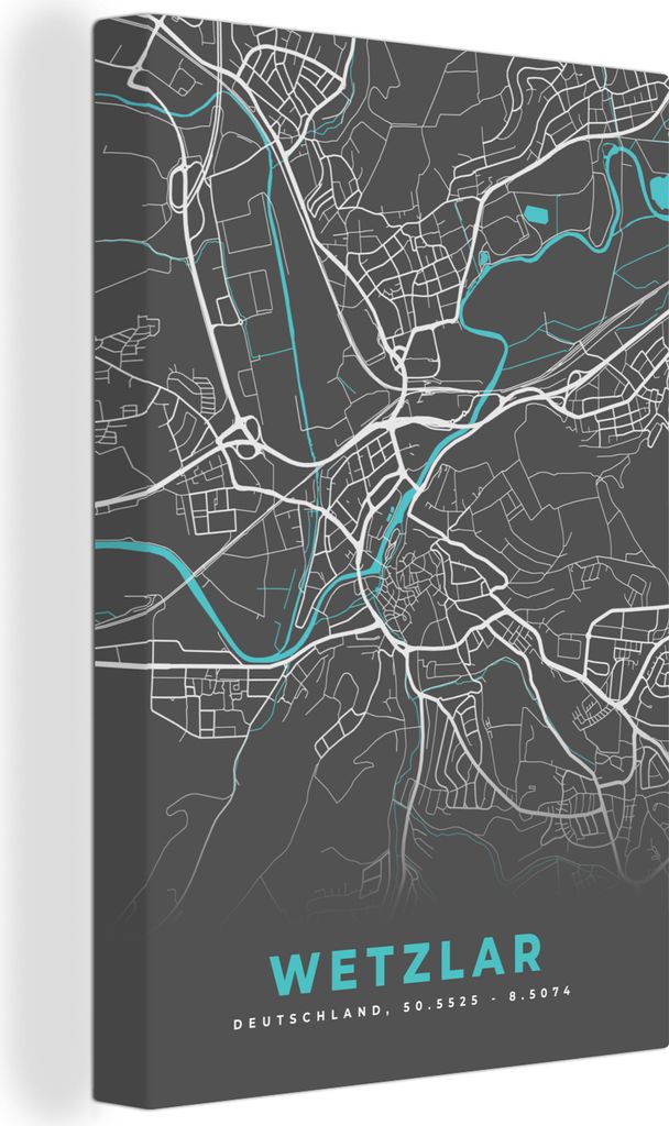 OneMillionCanvasses - Leinwandbilder - 90x140 cm, Blau - Deutschland - Karte - Stadtplan - Wetzlar, Wandbilder Kunstdruck Wanddekoration - Foto a...
