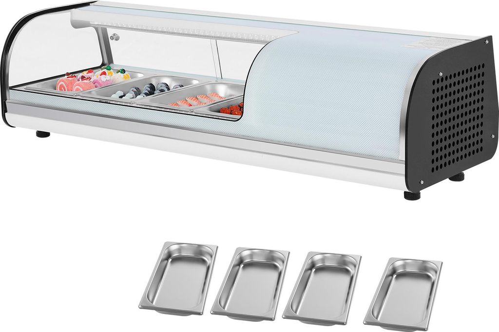 SucceBuy Sushi Kühlvitrine 42 L kommerzielle Kühlaufsatzvitrine (4 Behälter) mit gebogenem Glas, LED-Beleuchtung und digitaler Temperatursteueru...