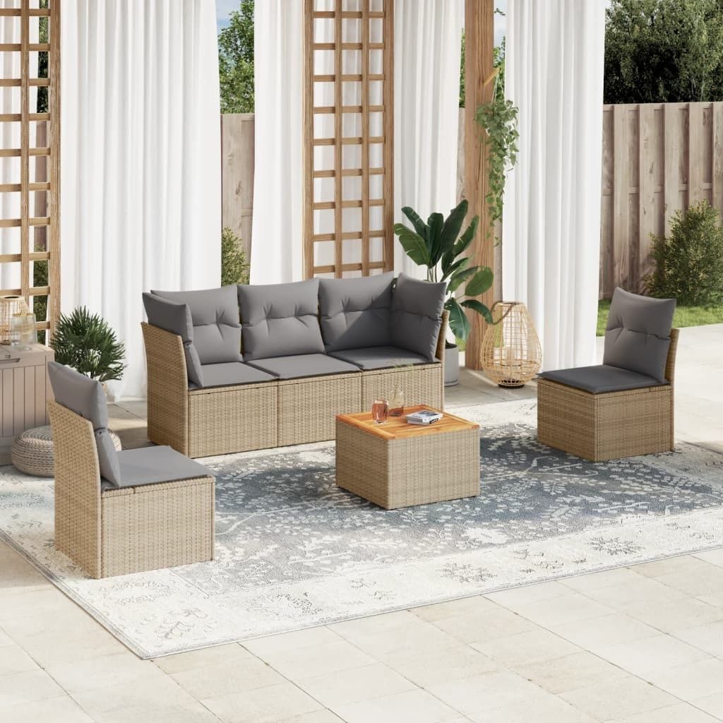 Design 6-tlg. Garten-Sofagarnitur mit Kissen Beige Poly Rattan, Gartenmöbel-Sets 2024 Neu