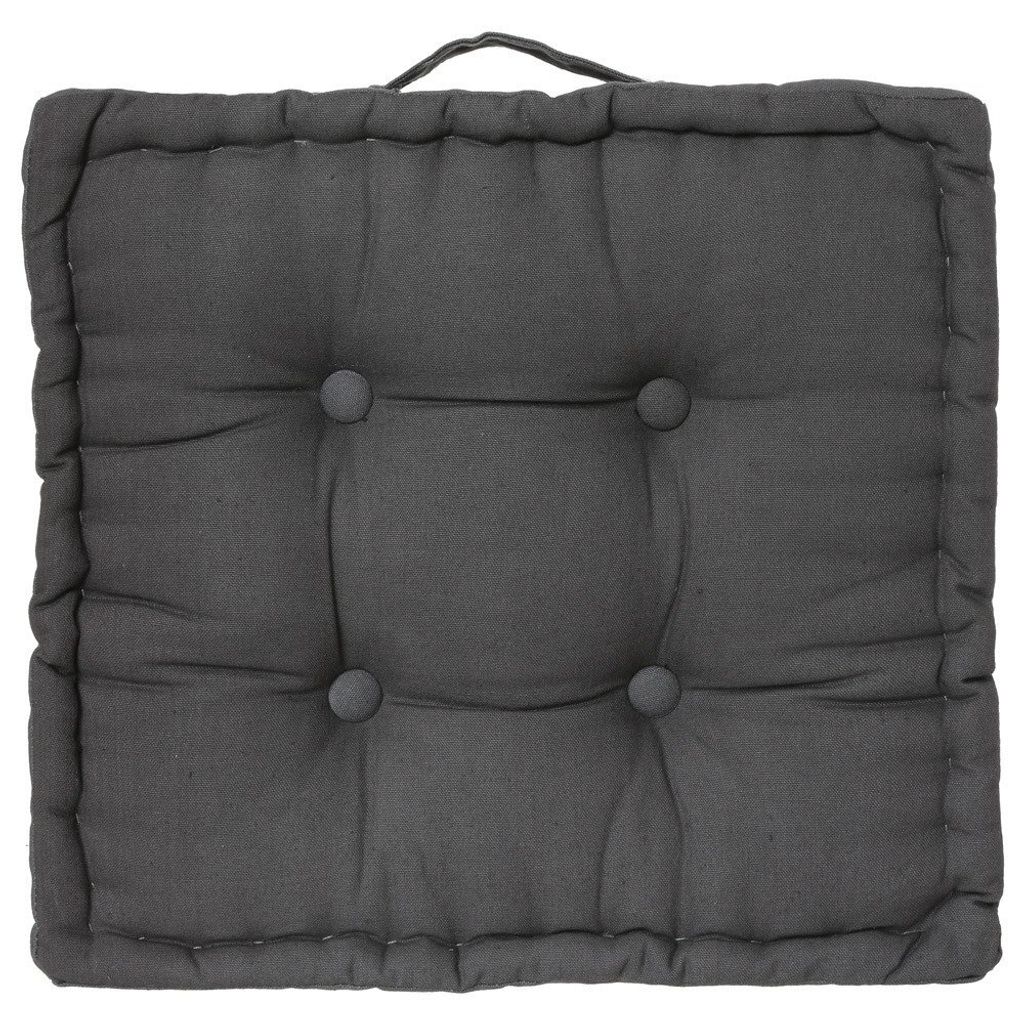 A dark gray floor cushion is shown from a top-down perspective against a white background.