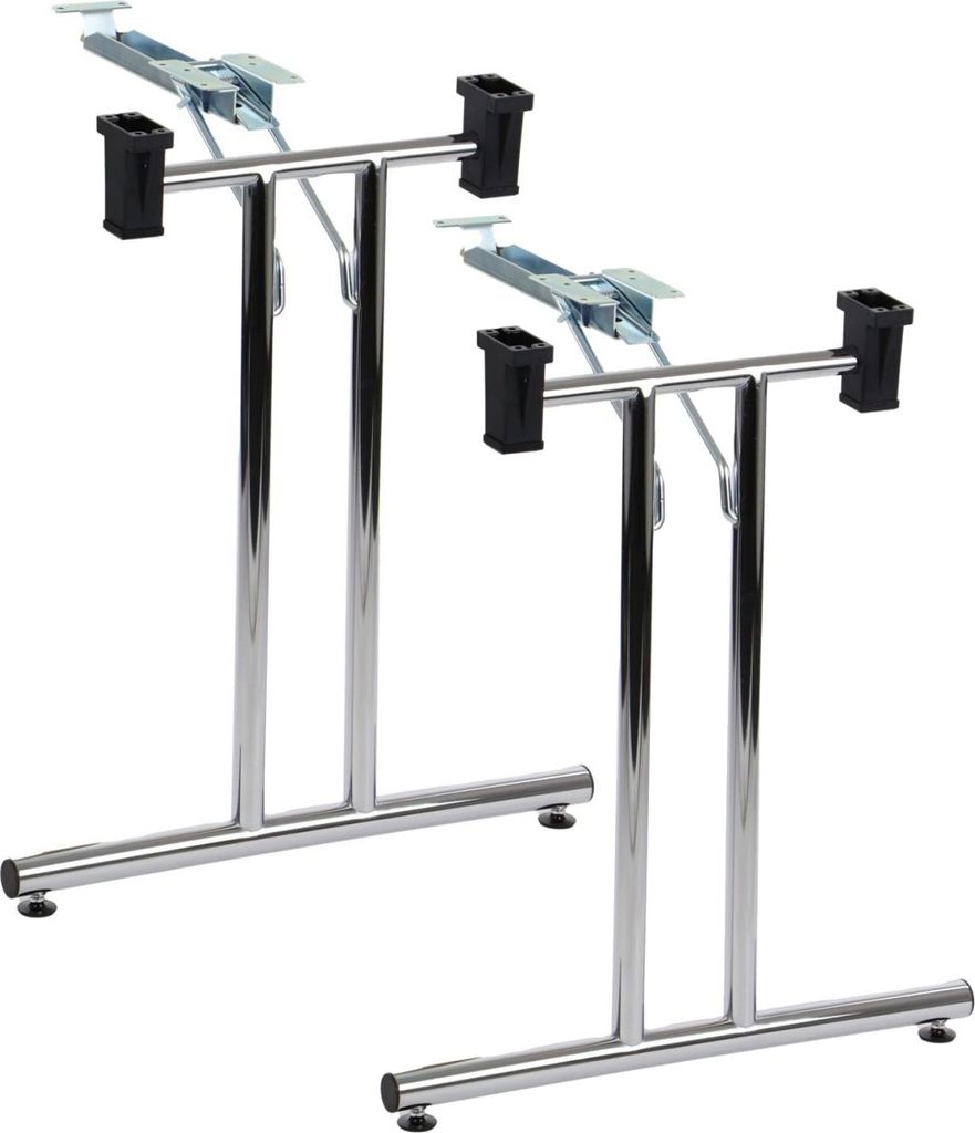 Two chrome table legs with black caps on a white background.