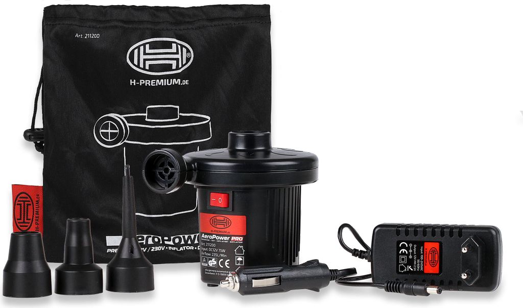 HEYNER Luftpumpe Camping 12 V 230 V elektrische tragbare Schnellfüllpumpe für Luftbett Luftmatratze Schwimmring Zelt Planschbecken