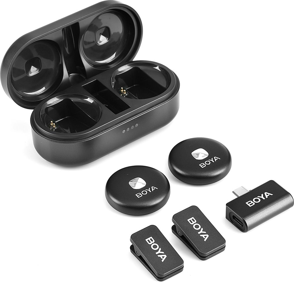 BOYA Drahtloses Mikrofonsystem mit 1 Empfaenger + 2 Sendern + Ladebox, 50 m uebertragungsreichweite, integrierter Akku-Ersatz fuer Android-Telefon,...
