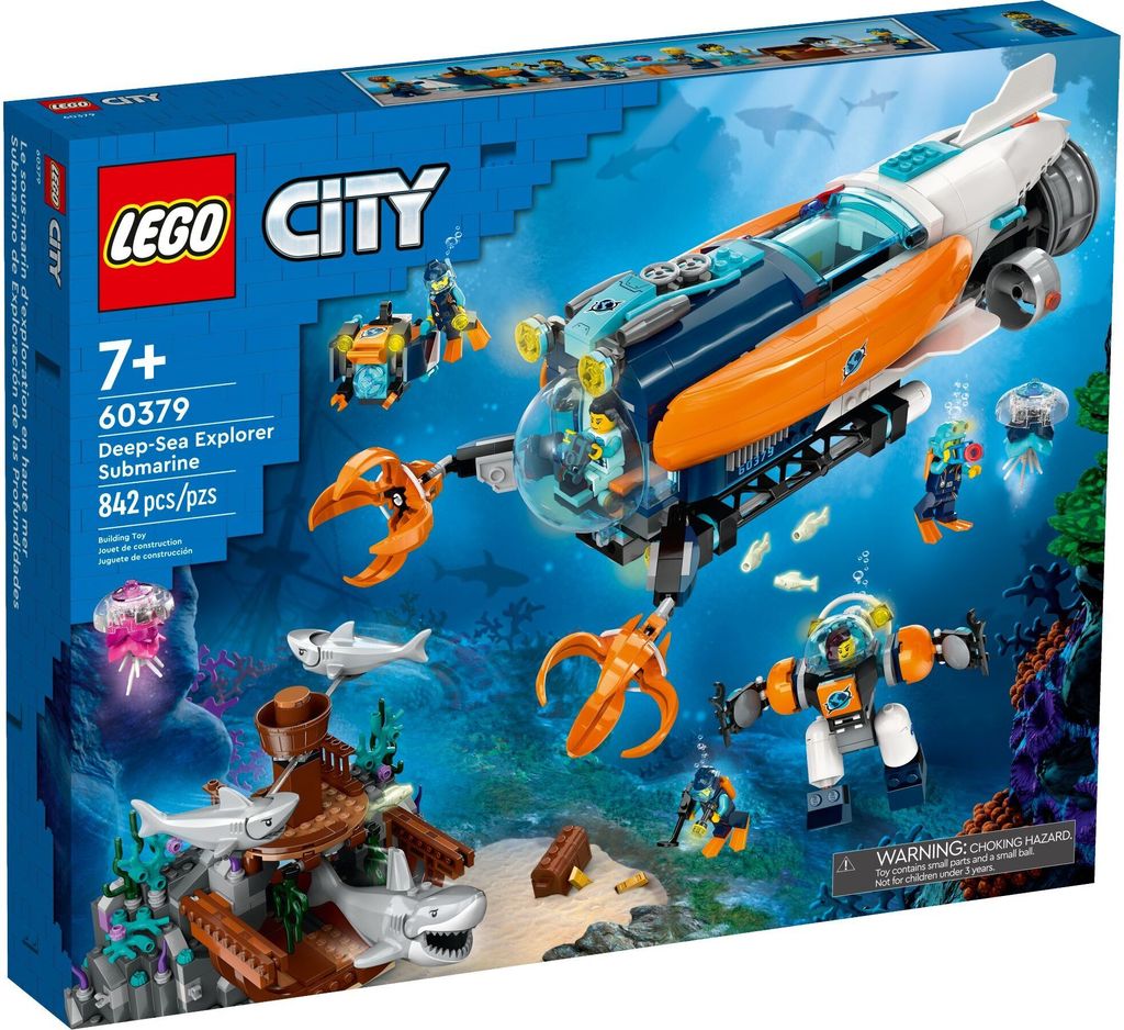 The image shows the box of a LEGO City Deep-Sea Explorer Submarine set, with an underwater scene depicted on the box.