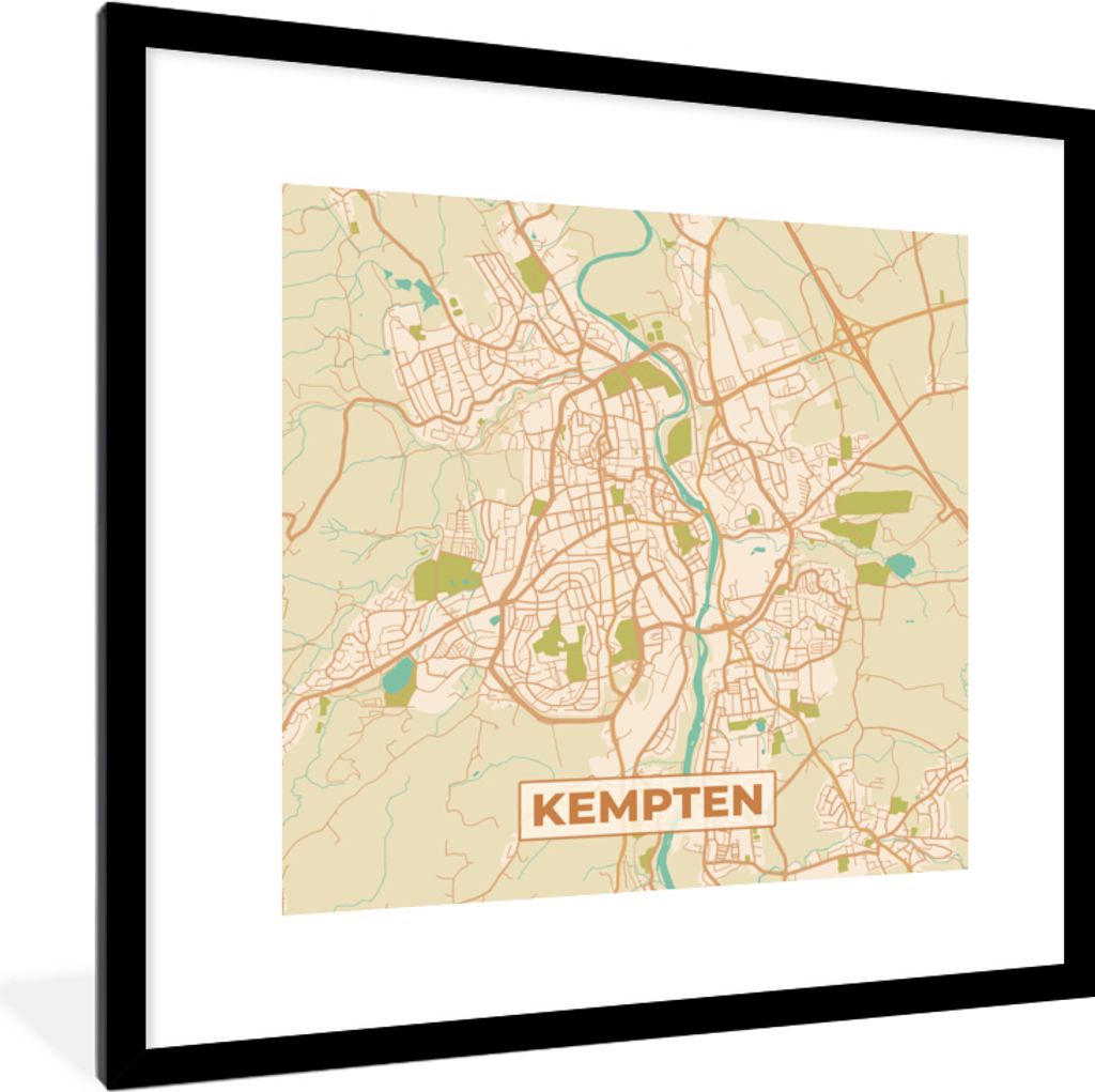 MuchoWow Gerahmtes Poster Kempten - Karte - Vintage - Stadtplan 40x40 cm - Poster mit Schwarzem Bilderrahmen Wandposter Rahmen Foto Bilder - Post...