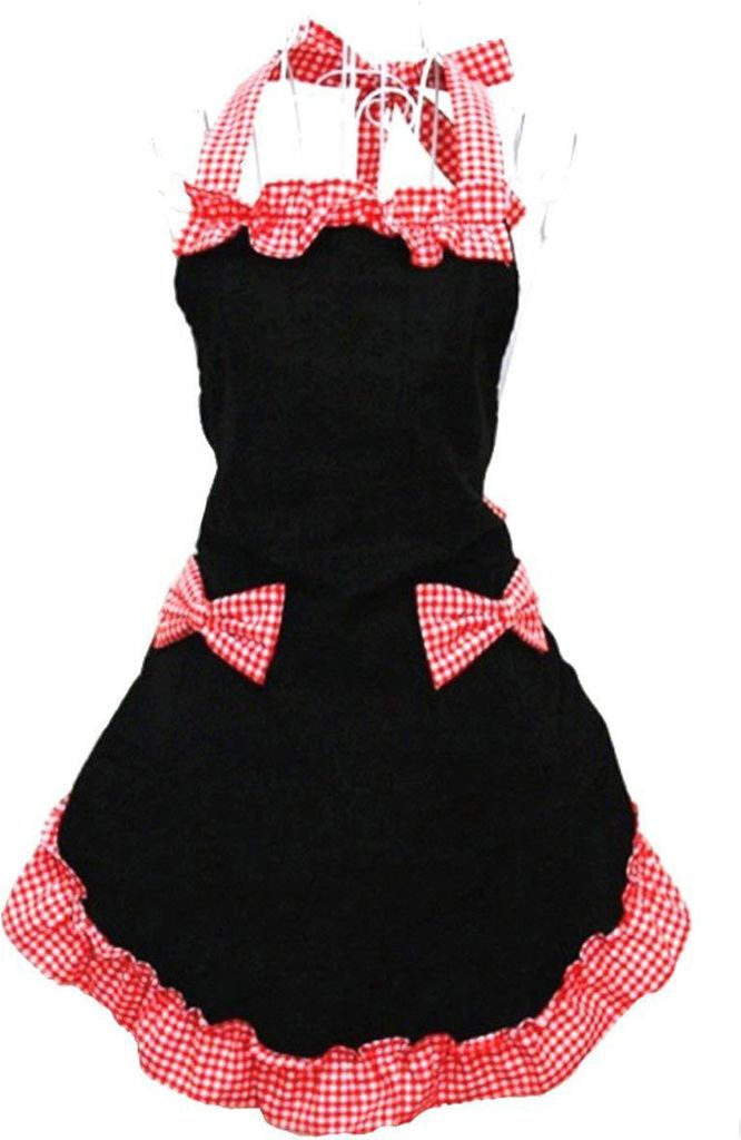 Süße Taschenschürze mit Schleifendekor für Frauen, karierter Aufdruck, Spleißen, verstellbare Schnürung, Küchenschürze, kokette Schürze, M...