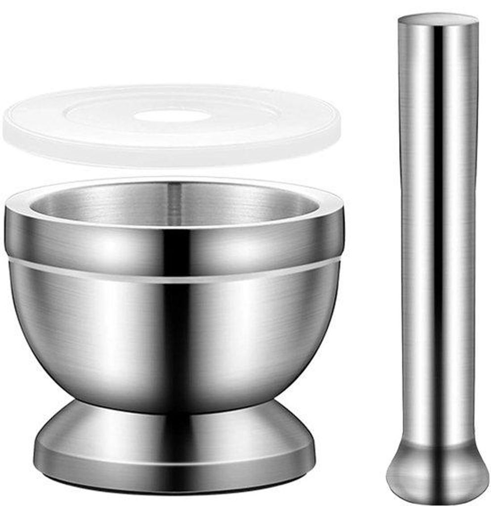 Famanu Mörser und Stößel Set mit Löffel und Silikondeckel - 10 cm Durchmesser