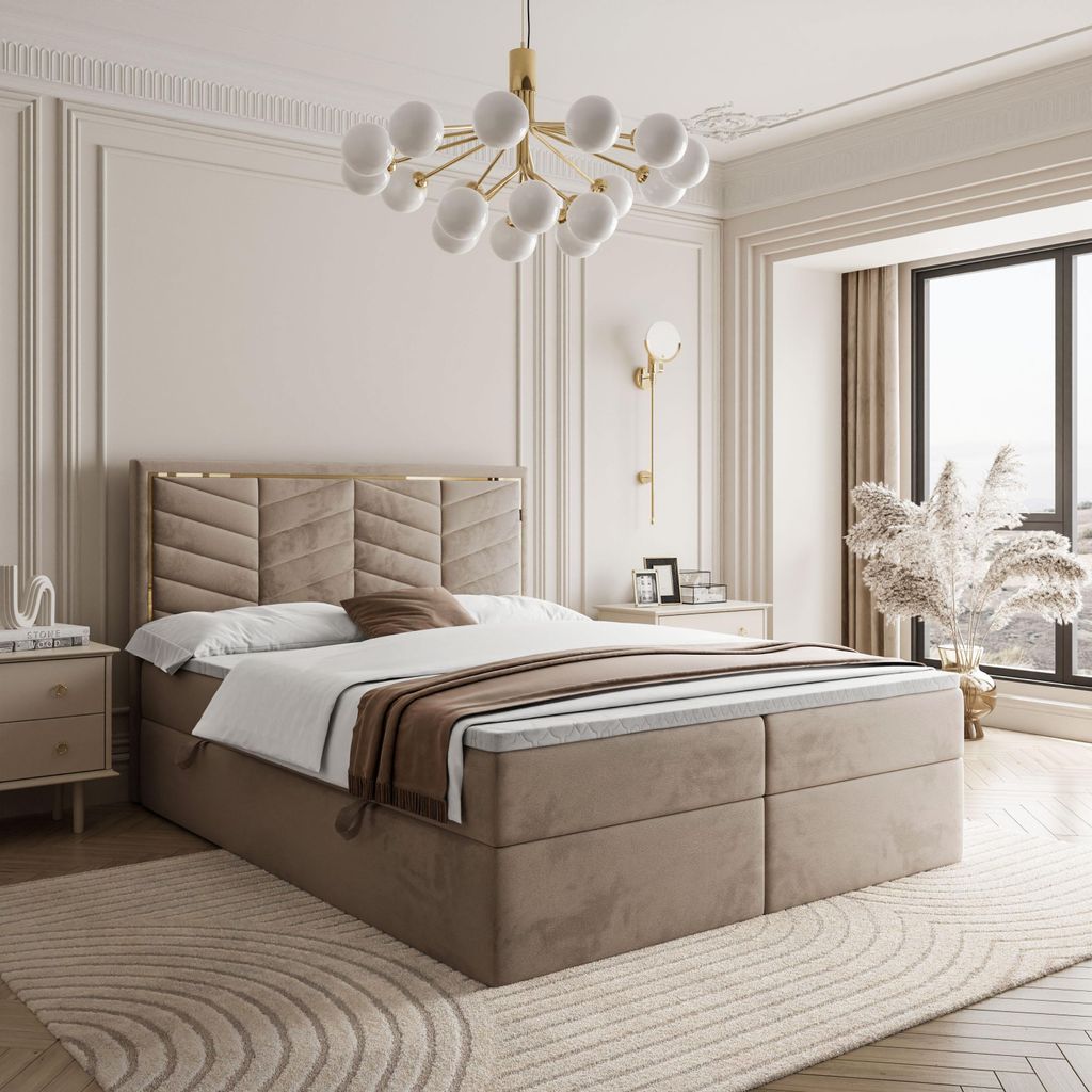 180 cm Boxspringbett ROYAL mit H3 Matratze, mit Bettkasten und Federmechanismus, Breite: 180 cm, Farbe: Hellbraun (Royal Velvet 176)
