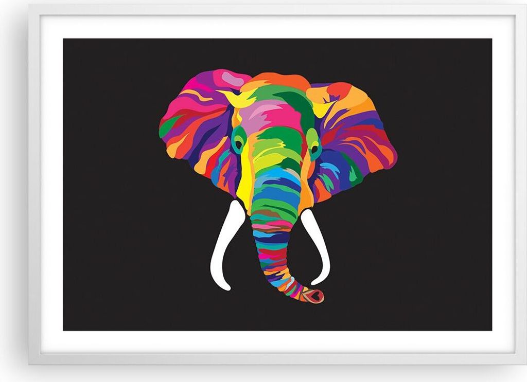 Gerahmtes Poster - Weißer Rahmen - Elefant spaß bunt tier - 70x50 cm - Wand Bild - Wanddeko - Wandbilder - Kunstposter - Wandposter - Bilderrahme...