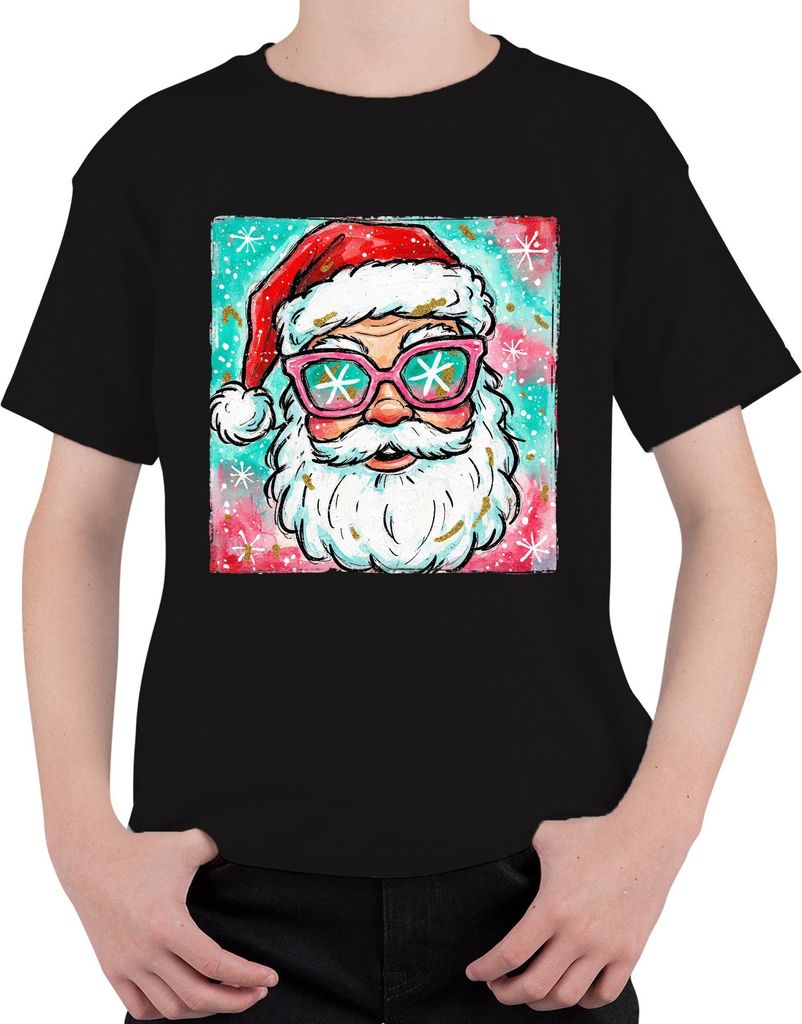Weihnachtsmann Sonnenbrille Rosa Schneeflocken lustig Retro Uni Kinder T-Shirt, Schwarz, 104