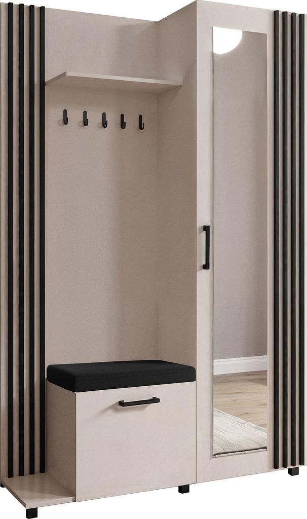 Garderoben-Set im Skandi-Stil mit Spiegel, Sitzbank, Schuhablage & Haken – Flurgarderobe 137 cm in Schwarzen Lamellen-Optik mit Ablage und Staura...