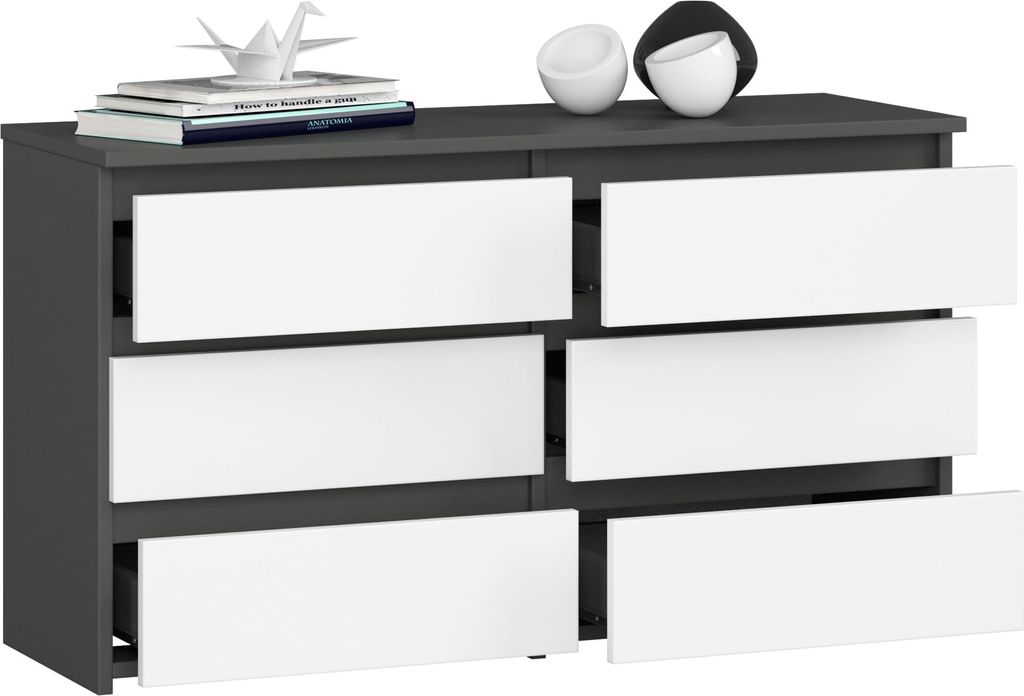 BDW, Kommode, 6 Schubladen, 100x57, Schrank, Sideboard, Grau / Weiss